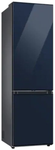 Ciemnoniebieska lodówka z dwoma drzwiami.