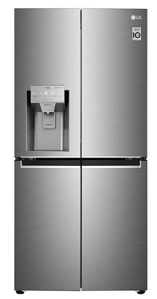 Czterodrzwiowa lodówka LG ze stali nierdzewnej. Posiada dozownik lodu i wody oraz odznakę 10-letniej gwarancji.