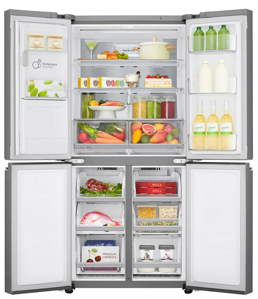 Otwarta, w pełni zaopatrzona lodówka LG z wieloma przegrodami zawierającymi różne produkty spożywcze i napoje.