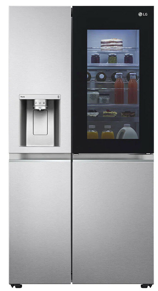 Srebrna lodówka LG z funkcją drzwi w drzwiach i dozownikiem.