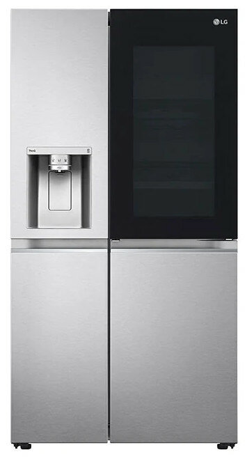 Srebrna lodówka LG z dystrybutorem wody. Prawe drzwi to czarny panel szklany.