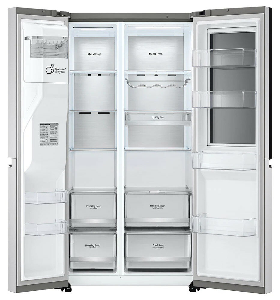 Otwarta lodówka z żywnością w szufladach i na półkach.