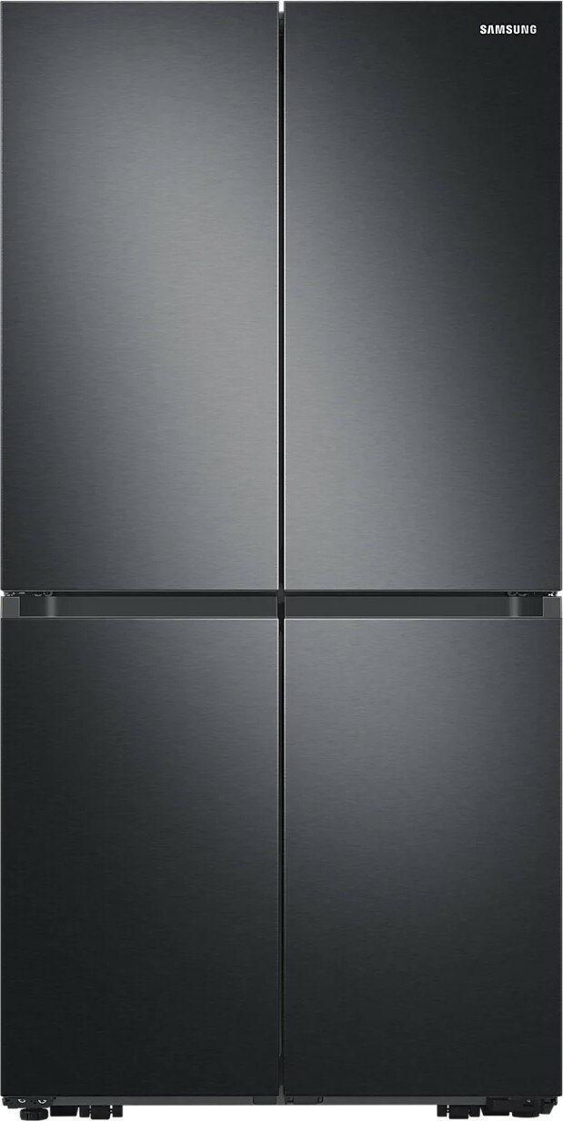 Czarna lodówka Samsung z czterema drzwiami, na białym tle.