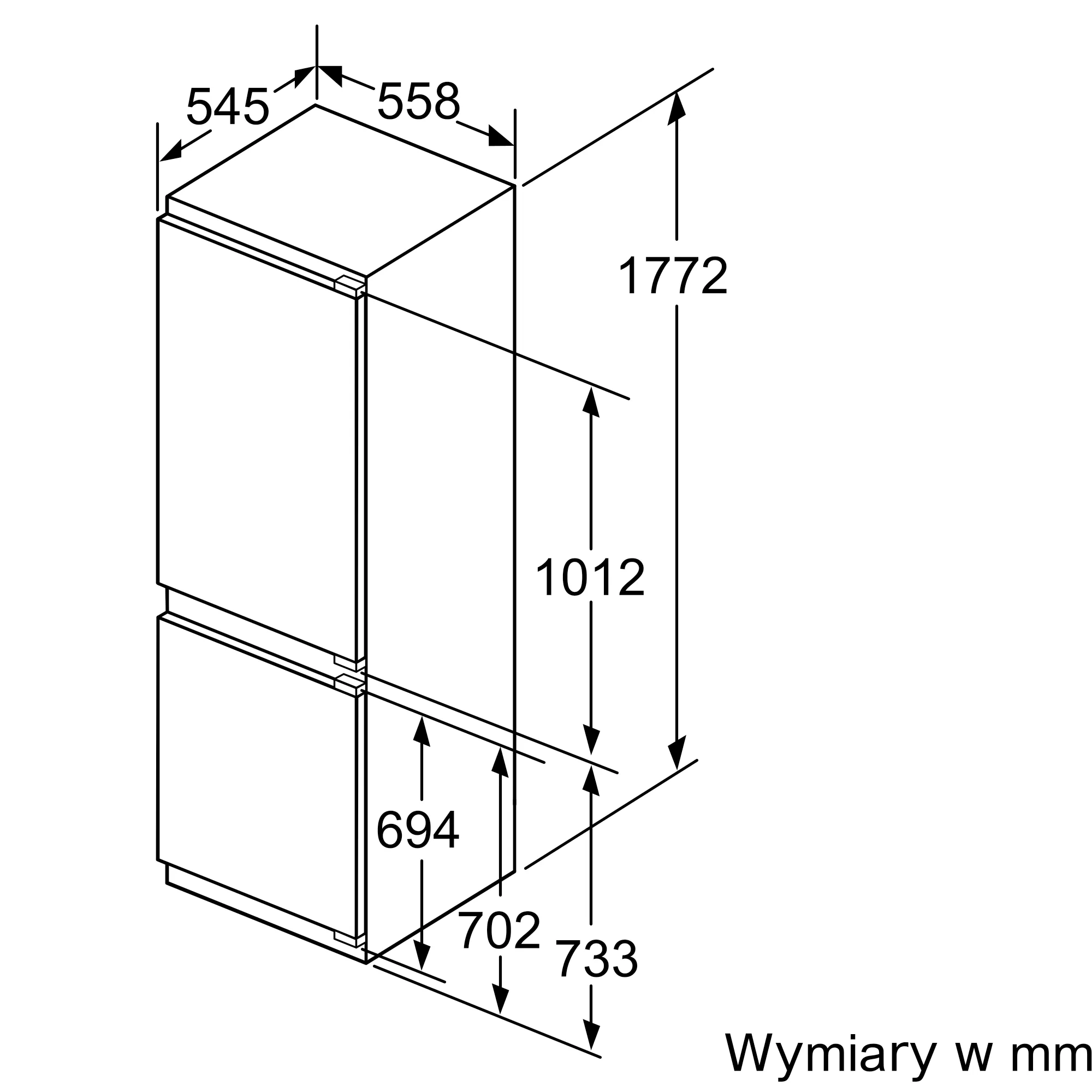 Wymiary lodówki w mm, z pokazanymi wymiarami.
