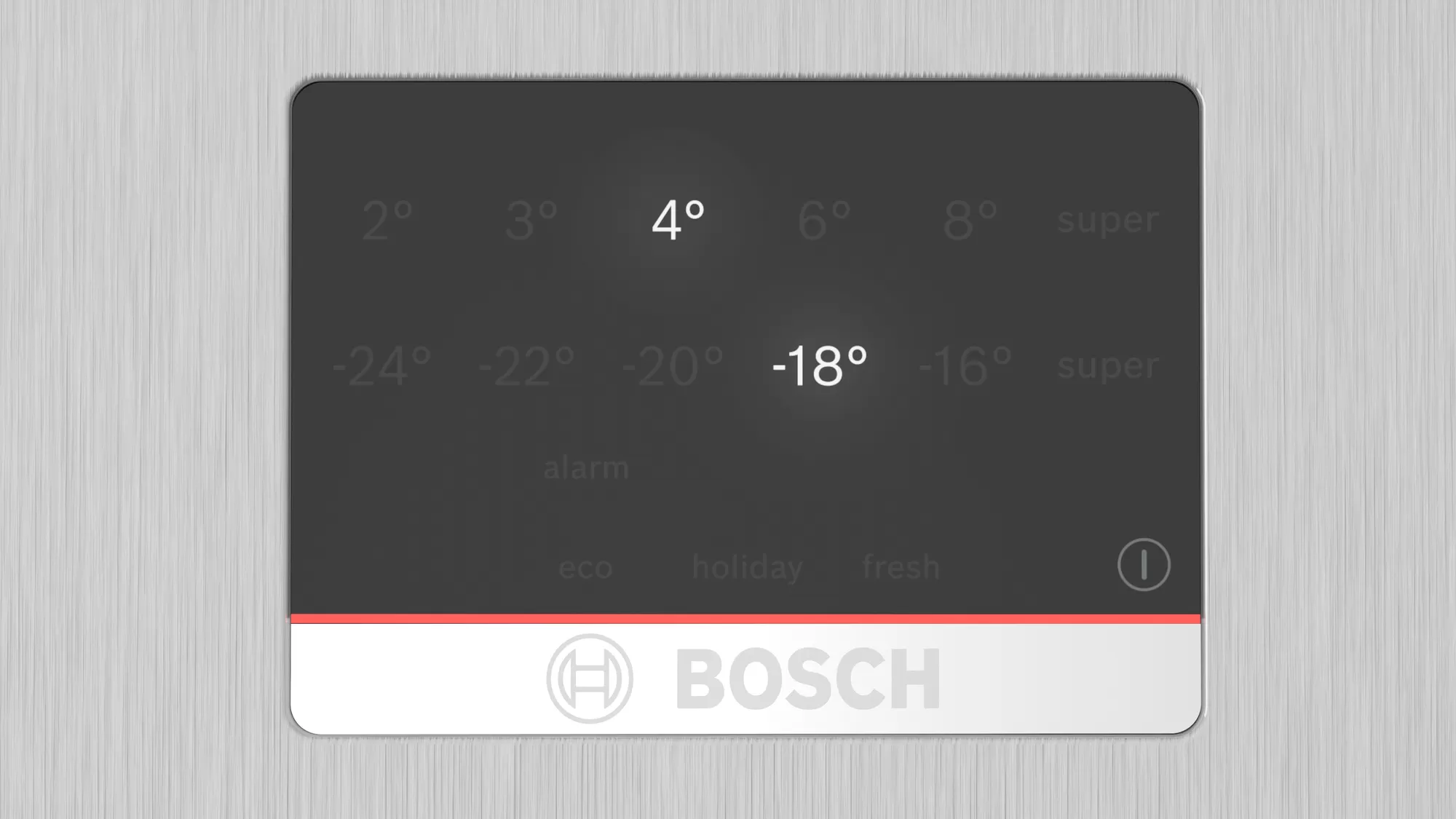 Panel sterowania lodówki Bosch, pokazujący ustawienia temperatury i przycisk informacji.