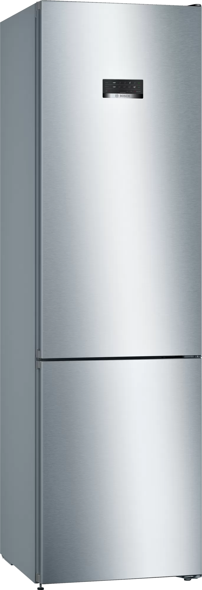 Srebrna lodówka Bosch z dwojgiem drzwi. Górne drzwi mają wyświetlacz cyfrowy.