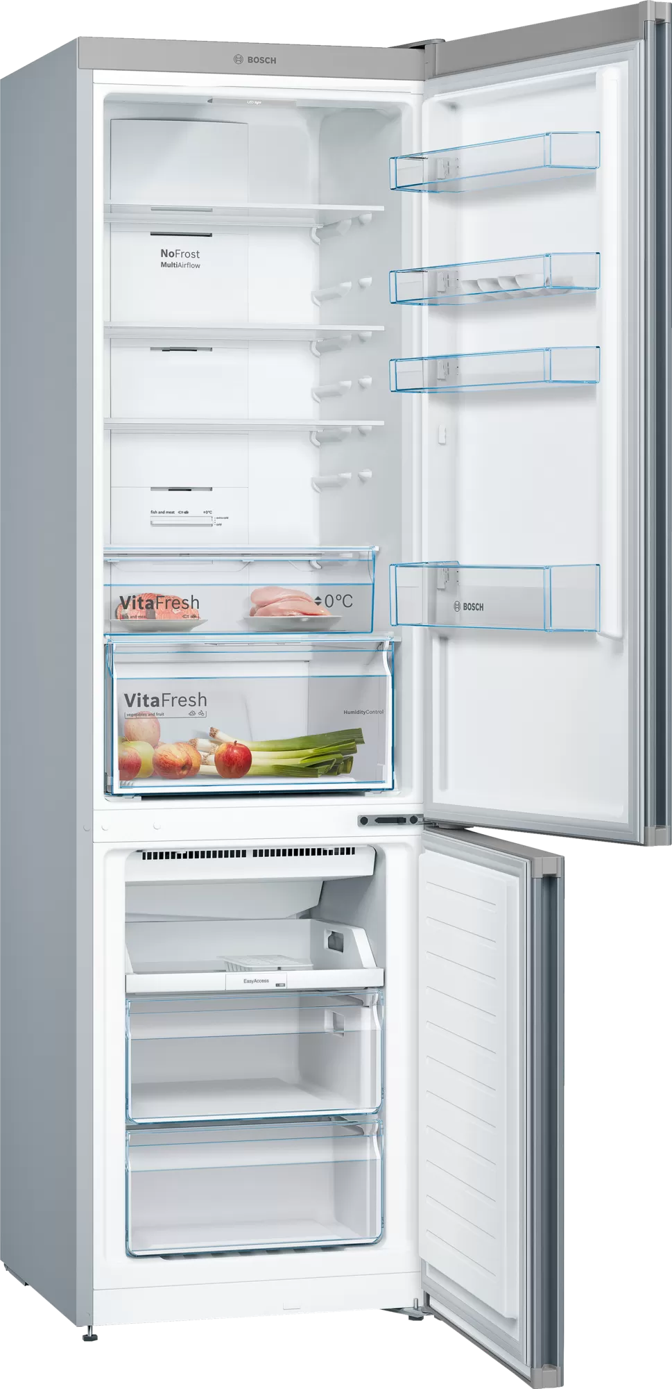 Lodówka z otwartymi drzwiami, pokazująca półki, szuflady i produkty spożywcze.