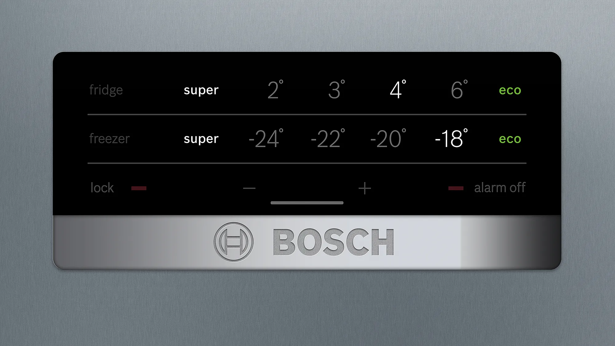 Panel sterowania lodówki Bosch. Wyświetla ustawienia temperatury.