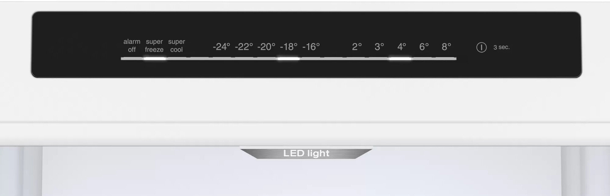 Zbliżenie panelu sterowania lodówki z ustawieniami temperatury i wskaźnikiem światła LED.