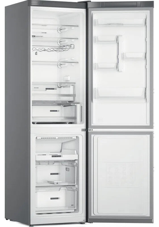 Szara lodówka z otwartymi drzwiami, pokazująca półki i przegródki.