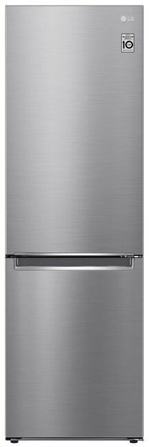 Srebrna lodówka LG ma konstrukcję dwudrzwiową. Górne drzwi są gładkie, a dolne mają uchwyt.