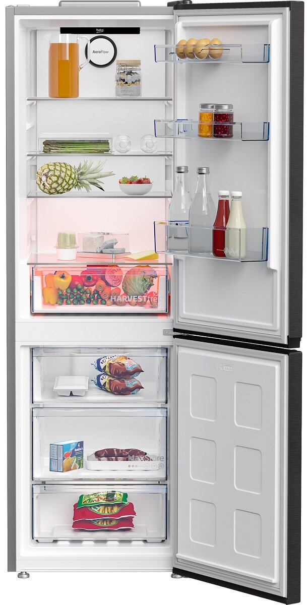 Otwarta srebrna lodówka z produktami spożywczymi w środku, w tym owoce, warzywa i napoje.