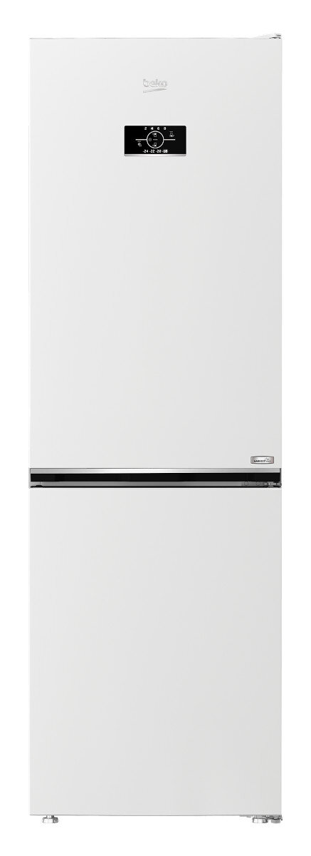 Biała lodówka Beko z czarnym panelem sterowania i zamrażalnikiem na dole.