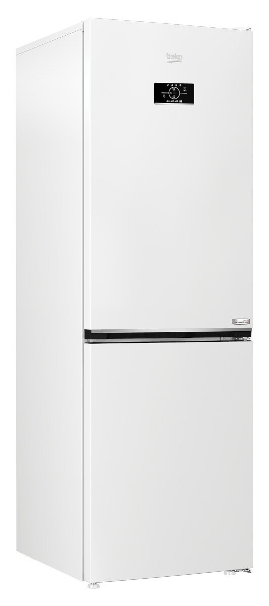 Biała lodówka z czarnym wyświetlaczem. Zamrażalnik znajduje się na dole. Nowoczesny design.