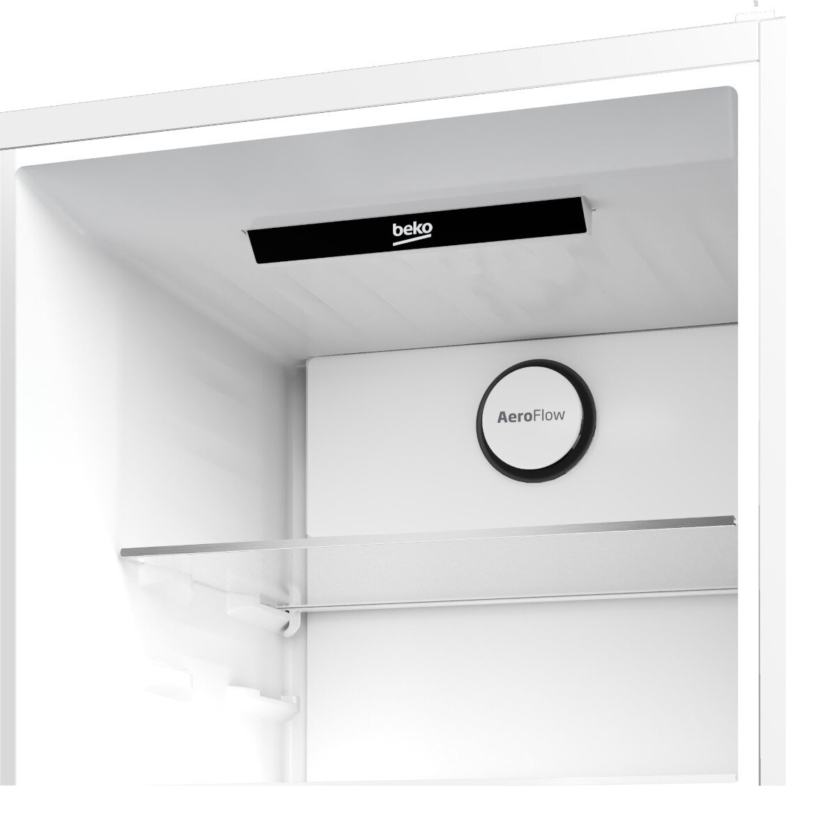 Wnętrze białej lodówki, pokazujące system cyrkulacji powietrza AeroFlow.