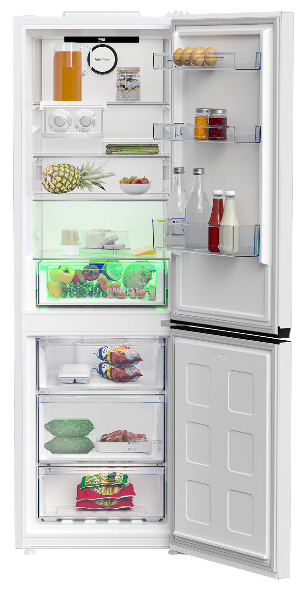 Wnętrze lodówki z różnymi produktami spożywczymi, półkami i szufladami na warzywa, otwarte drzwi.