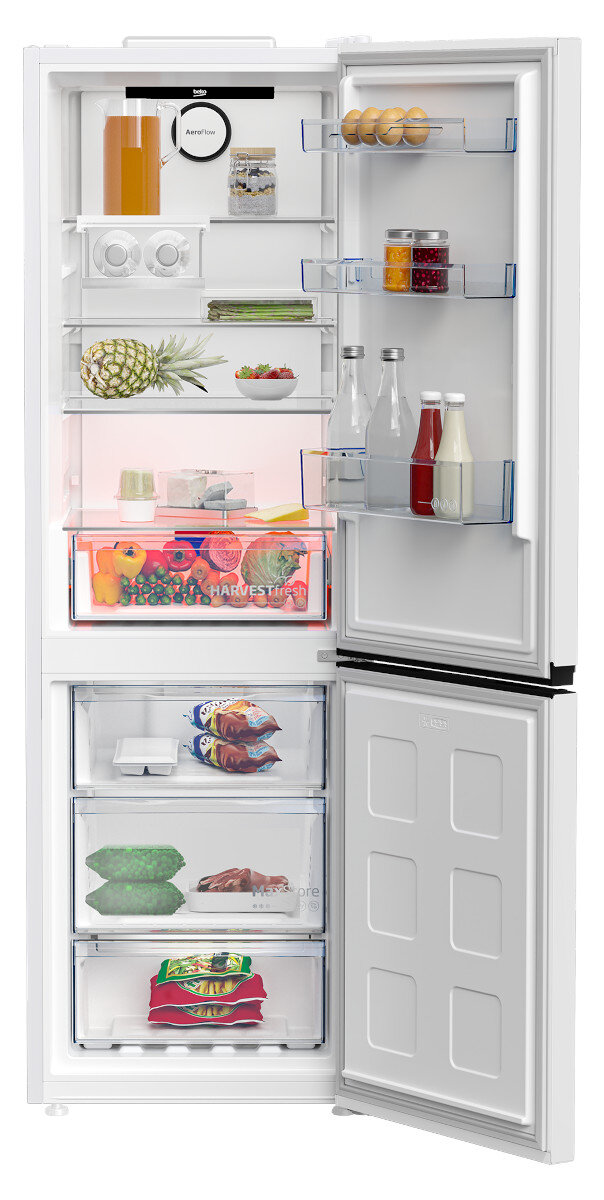 Otwarta biała lodówka z owocami, warzywami i napojami.