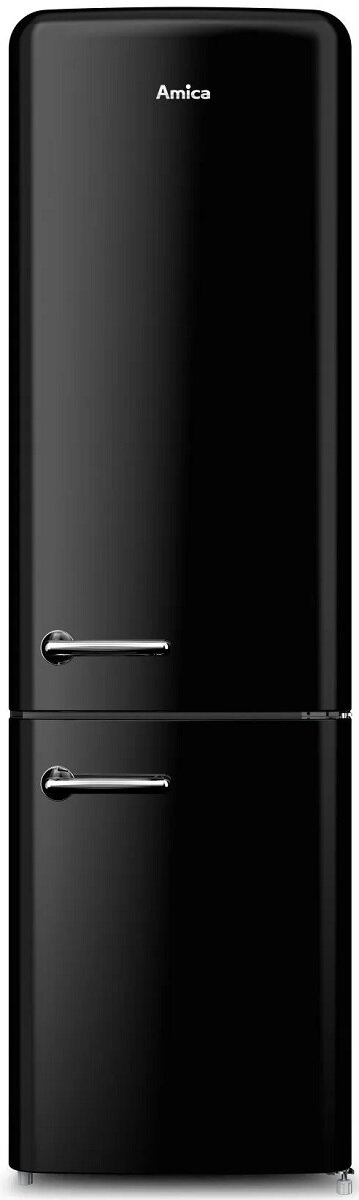 Czarna lodówka retro z dwiema drzwiami. Marka Amica jest na górze.