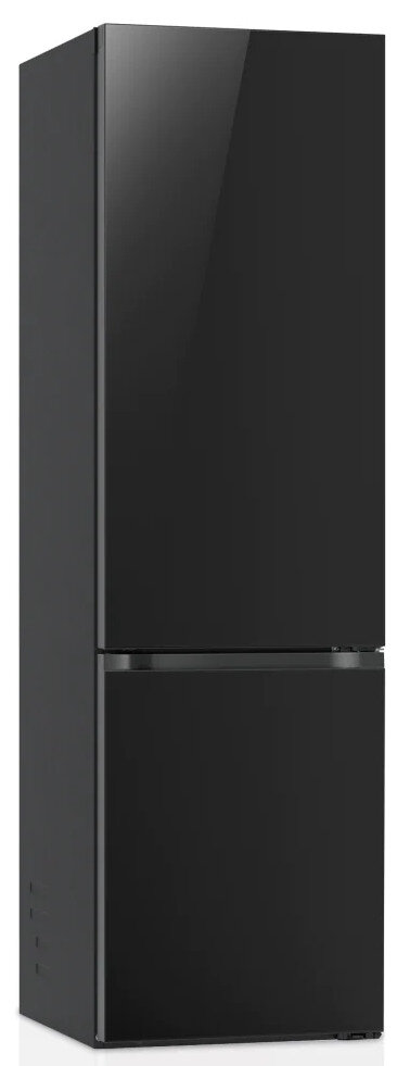 Czarna lodówka z dolną zamrażarką, wysoka i elegancka.