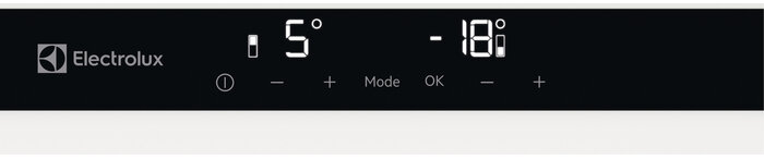 Czarno-biały panel z logo Electrolux i ustawieniami temperatury: 5° i -18° z przyciskami trybu.