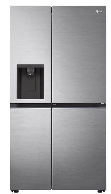 Srebrna lodówka LG z czterema drzwiami. Dystrybutor wody i lodu na lewych drzwiach.