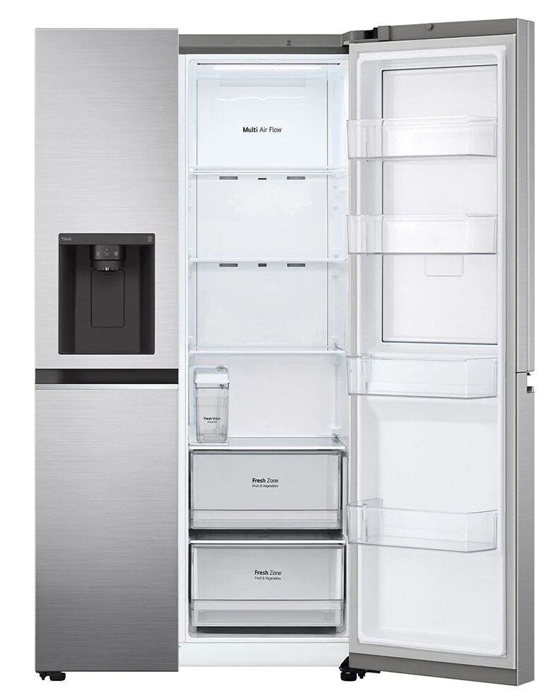 Lodówka LG ze stali nierdzewnej z otwartymi drzwiami. Widoczne są wewnętrzne półki i szuflady.