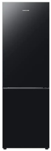 Czarna lodówka Samsung z dwiema drzwiami, lodówką i zamrażarką.