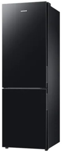 Czarna lodówka Samsung z dwoma drzwiami. Górne drzwi są większe. Logo Samsung jest widoczne.