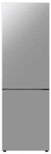 Srebrna lodówka Samsung z dwojgiem drzwi. Górne drzwi mają wyświetlacz cyfrowy i elementy sterujące.