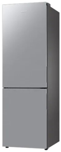 Srebrna lodówka z dwoma drzwiami, jednymi u góry i jednymi na dole, zamkniętymi.