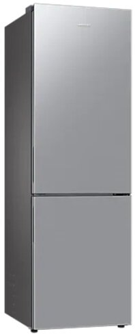 Srebrna lodówka o eleganckim designie. Ma dwoje drzwi, jedne nad drugimi.