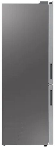 Czarna lodówka. Obraz pokazuje bok lodówki z dwoma drzwiami i uchwytami.