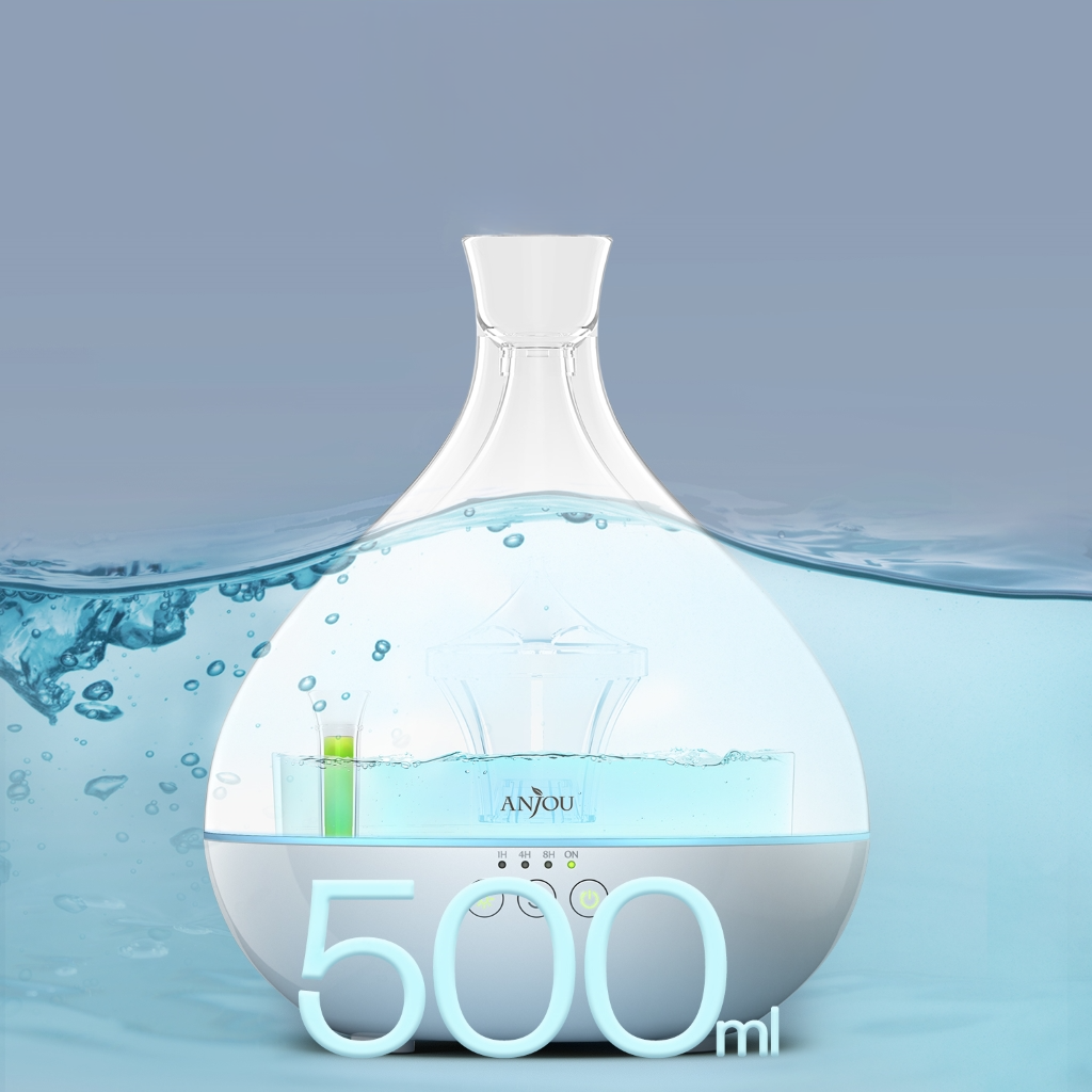 Anjou aroma diffúzor, fehér és átlátszó design, víz és fény effektus, 500ml.