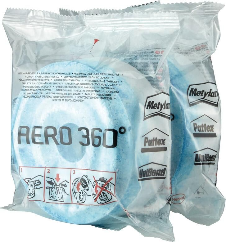 Három Aero 360° páramentesítő tabletta műanyag csomagolásban. A tabletták kékek és kerekek.