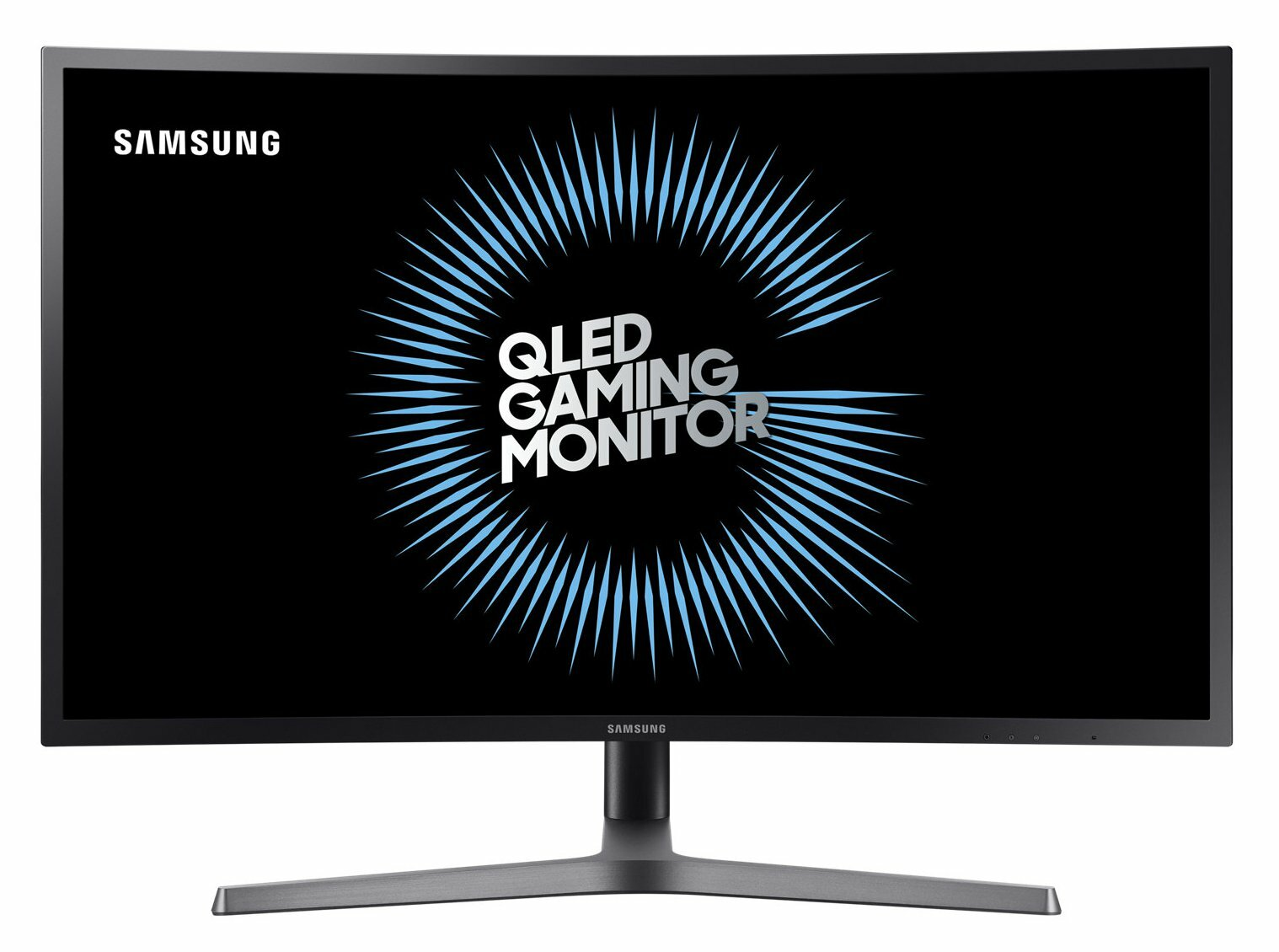 Zakrzywiony monitor Samsung QLED Gaming. Ekran wyświetla niebieski radialny wzór i słowa QLED Gaming Monitor.