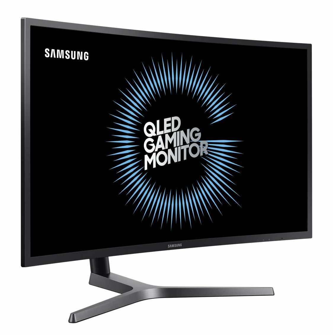Monitor do gier Samsung QLED. Czarny ekran z niebieskim wzorem. Srebrny stojak. Logo Samsung u góry po lewej i na dole.