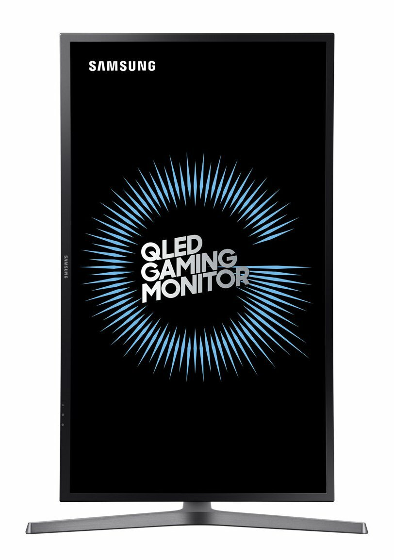 Monitor do gier Samsung QLED. Czarny ekran z niebieskimi promieniami. Tekst: QLED GAMING MONITOR. Srebrny stojak.