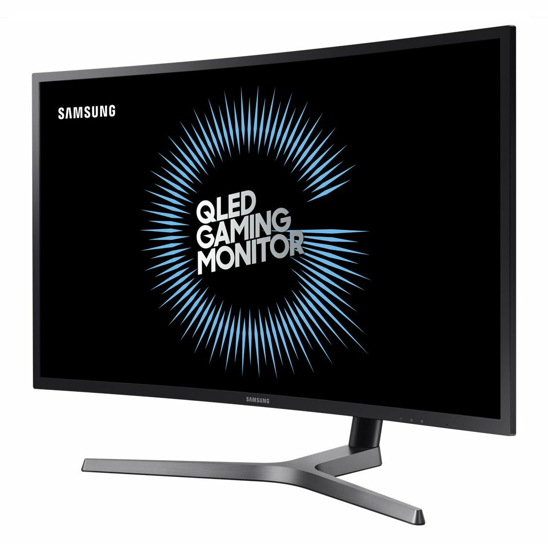 Zakrzywiony monitor do gier Samsung QLED wyświetla niebieski wzór wybuchu z napisem 'QLED GAMING MONITOR' na czarnym tle.