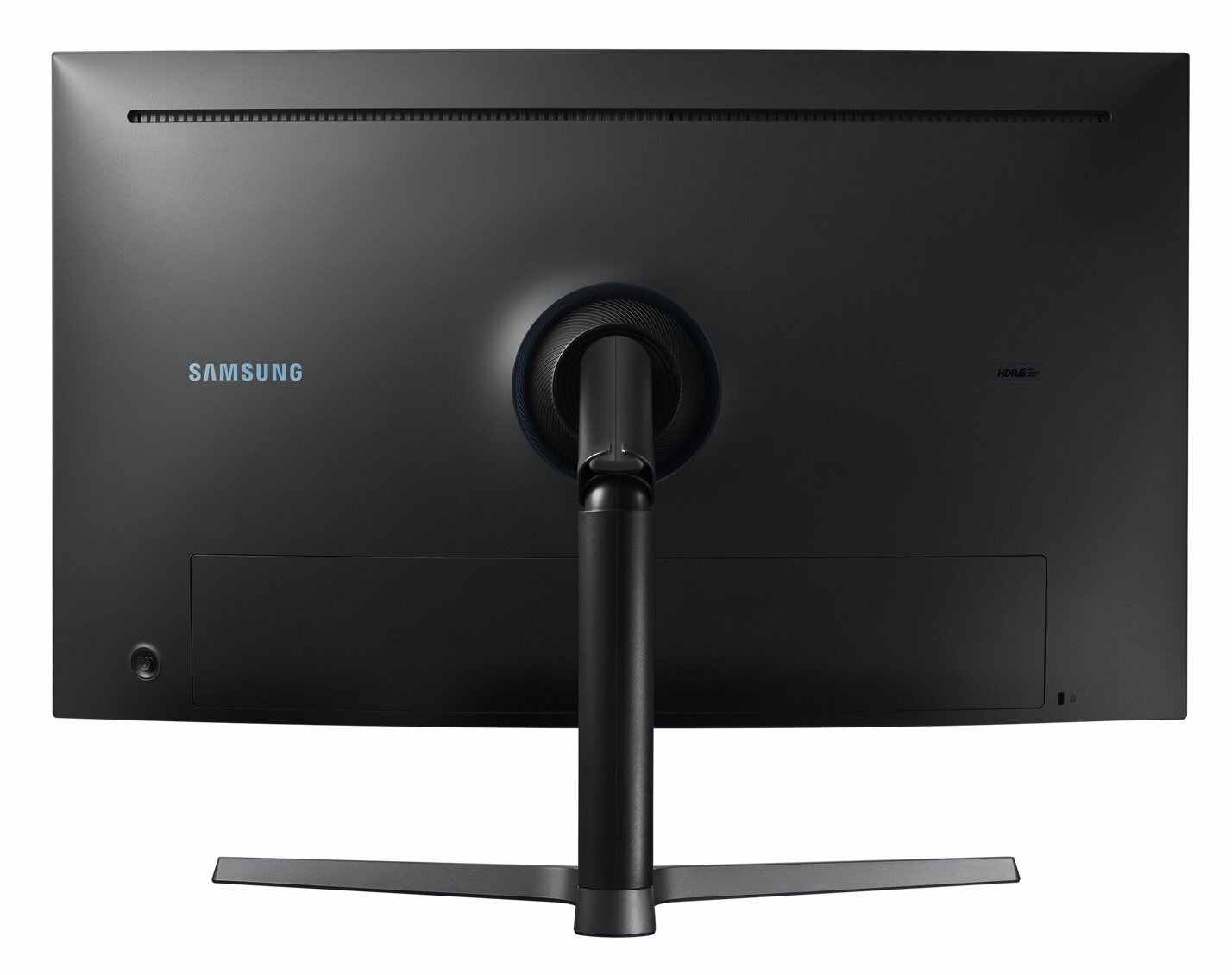 Czarny monitor Samsung z tyłu. Dołączona podstawka. Widoczne porty i logo. Tył jest czarny.