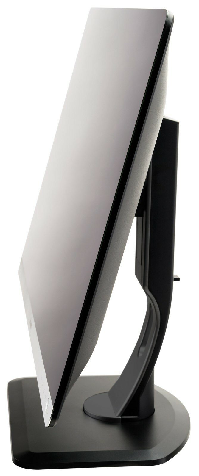 Widok z boku monitora komputera na stojaku, czarna ramka i białe tło.