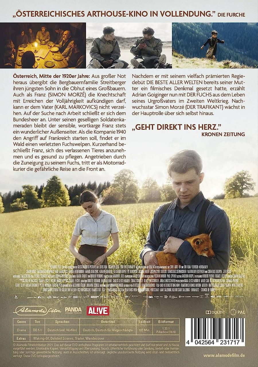Rückseite der DVD-Hülle mit Text und Bildern, die den Film bewerben, Mann hält Fuchs.