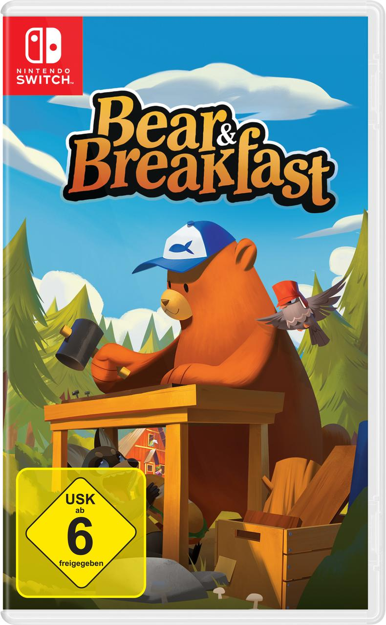 Eine Nintendo Switch Spielbox für Bear & Breakfast, die einen Bären beim Bauen zeigt.