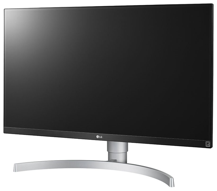 Duży monitor LG z zakrzywioną srebrną podstawą na białym tle.