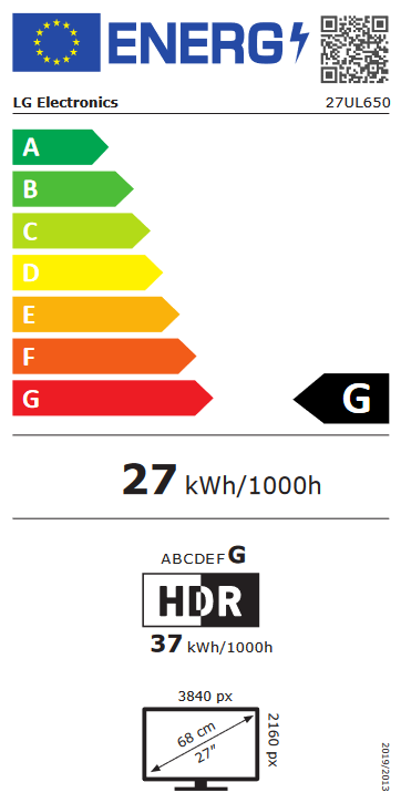 Etykieta energetyczna dla telewizora. Pokazuje zużycie energii i klasę energetyczną G.