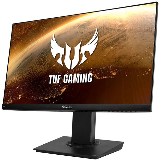 Monitor do gier wyświetlający krajobraz z logo TUF GAMING i marką ASUS.