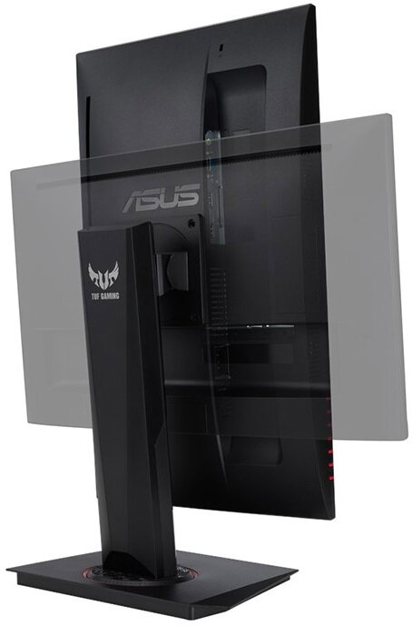 Czarny tył monitora ASUS, regulowany, z logo ASUS i czerwonymi akcentami.