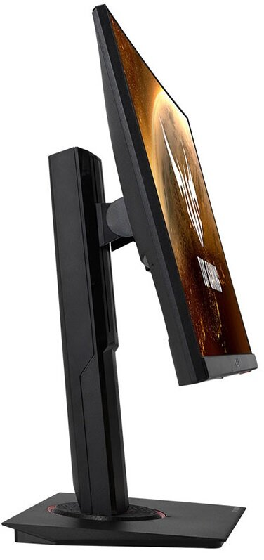 Czarny monitor do gier na stojaku, ustawiony pod kątem, z ekranem wyświetlającym kolorową grafikę.