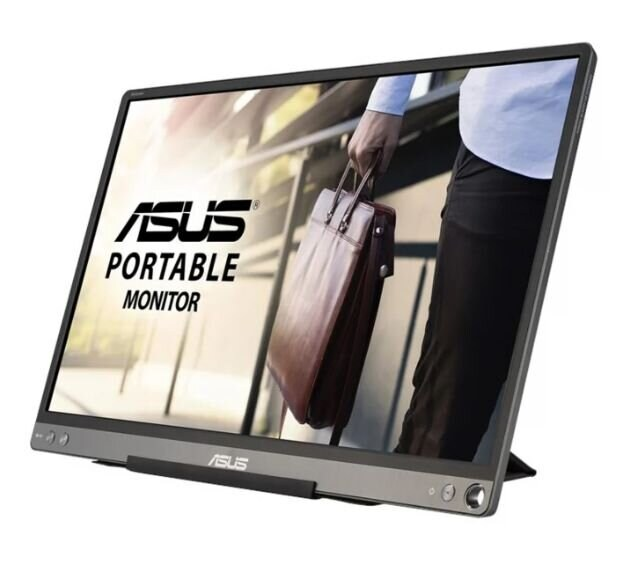 Przenośny monitor ASUS z czarną ramką, ustawiony, mężczyzna trzyma obok torbę.