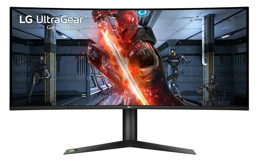 Zakrzywiony monitor do gier LG UltraGear, wyświetlający futurystyczną scenę z gry.