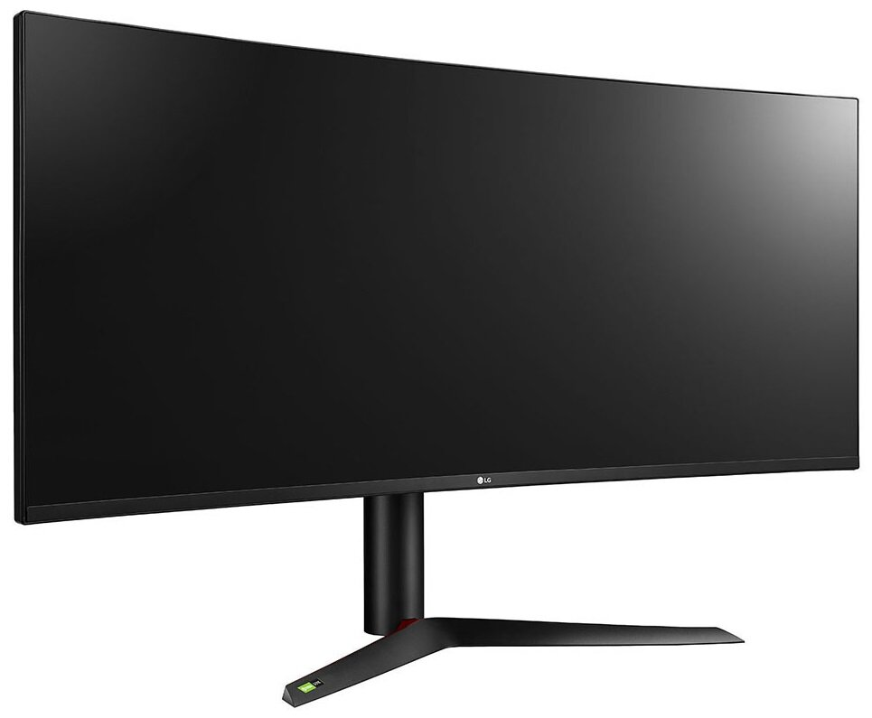 Ultra-szeroki monitor LG z czarną ramką i czarną podstawą z zielonym akcentem.